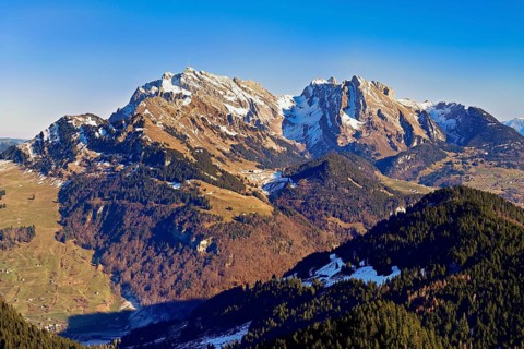 View of snow-covered Säntis from Gulmen, Amden, Canton of St. Gallen, Switzerland