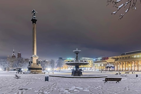Winter in Stuttgart. It snowed overnight and the city is wintry white early in the morning. Palace