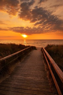 Wooden walkway through the dunes on the Baltic Sea at sunrise, Dahme, Ostholstein, Germany