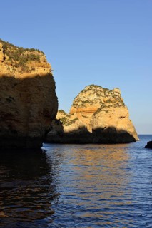 Rocky coast in evening light, Ponta da Piedade, Lagos, Algarve, Portugal