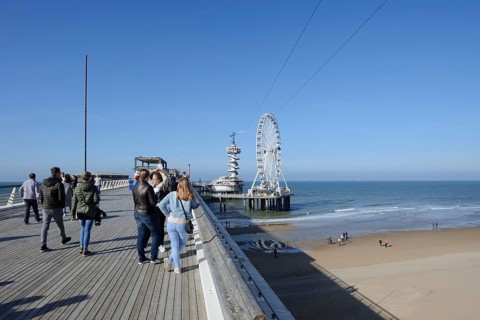 Pier with bungy jumping tower and Ferris wheel, Scheveningen, The Hague, Dutch North Sea Coast,
