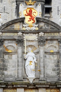 Justice statue and coat of arms at Stadhuis or City Hall, Delft, South Holland, Netherlands