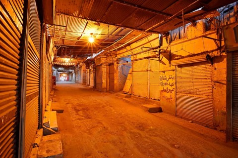 Illuminated bazaar at dawn, Esna, Egypt