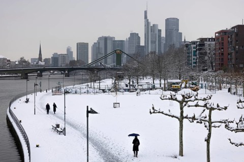 There is snow on the banks of the Main from the Wesel shipyard to the Frankfurt banking skyline,