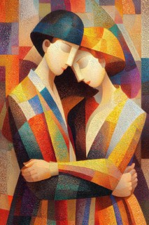 Cubist view of a couple hand in hand, Painting like composition, AI generated