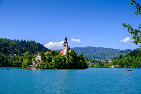 Blejski Otok island with St. Mary's Church, Bled, Lake Bled, Slovenia