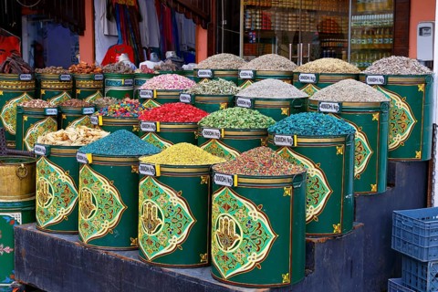 Sales stand selling spices and herbs at a market in Marrakech, historic old town, Medina, UNESCO