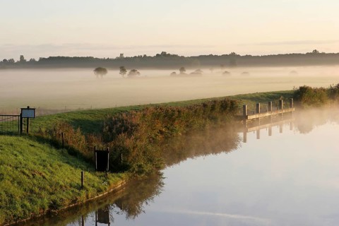 Westerende, foggy morning, lowlands, Ems-Jade Canal, East Frisia, Germany