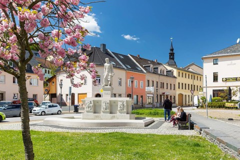 City view with city fountain, Glashütte, Saxony, Germany