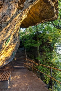 Baptism stone on Bernhardstein in the morning, Saxon Switzerland, Saxony, Germany