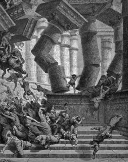 Death of Samson, he collapses the building and goes to death with the Philistines, Bible, Book of