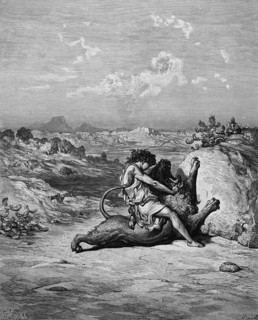 Samson or Samson kills a lion with his hands, Bible, book of judges chapter 14, verse 6, story,