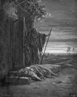 The woman of Levite Ephraim lies dead on the threshold of her house, Bible, Book of Judges chapter