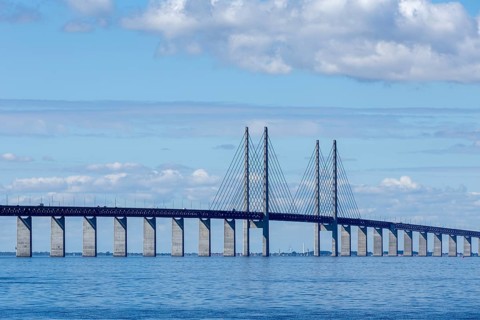 Öresund Bridge, Øresundsbrön, world's longest cable car bridge, connecting Copenhagen with Malmö,