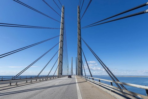 Roadway on the Öresund Bridge, Øresundsbrön, world's longest cable car bridge, connecting