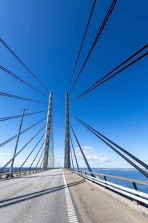 Roadway on the Öresund Bridge, Øresundsbrön, world's longest cable car bridge, connecting