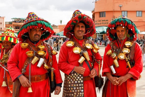 Traditional water sellers on Djemaa el Fna, Hanged Square, Gauklerplatz, Marrakech, historic old