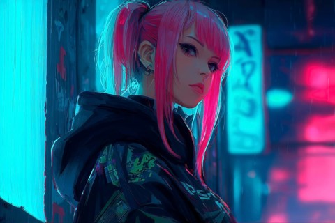 Cyberpunk anime girl with pink hair and headphones in a neon light environment, AI generated