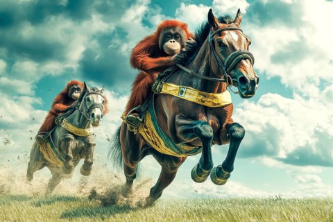 Orangutans participating in horse racing, AI generated