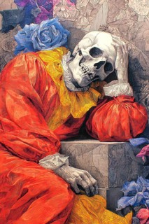 Frightened representation of the allegory of death symbolized by a dressed skeleton, AI generated