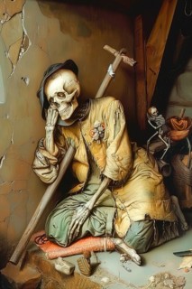 Medieval representation of the allegory of Death symbolized by man and skulls, AI generated