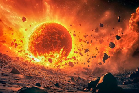 Imaginary planet burning in space after a collision with a giant comet, AI generated