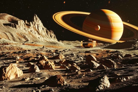 Base on a distant planet with Saturn behind, AI generated