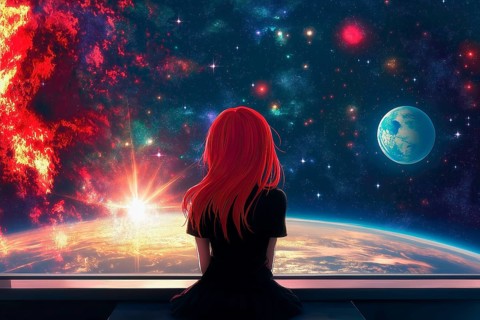 Anime girl with red hair captivated by the vision of a universe full of planets and stars, AI