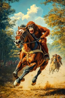 Orangutans participating in horse racing, AI generated