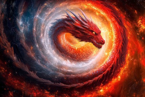 Mythic red dragon emerging from a cosmic fire spiral, AI generated