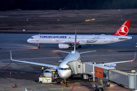 Turkish Airlines Airbus A321 after landing at Cologne/Bonn airport, on the taxiway to the terminal,