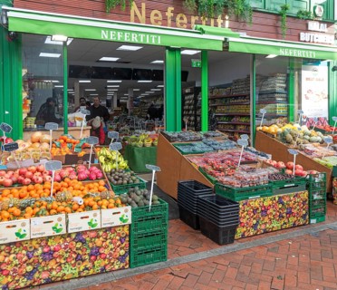 Nefertiti fruit and vegetable greengrocer shop in town centre of Reading, Berkshire, England, UK