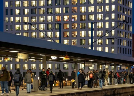 Passengers on the platform, Cologne-Messe/Deutz station, 2nd largest train station in Cologne,