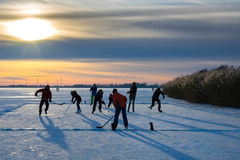Skating, ice hockey men playing on the frozen Dümmer See, Winter at Dümmer, Eickhöpen, Lembruch,