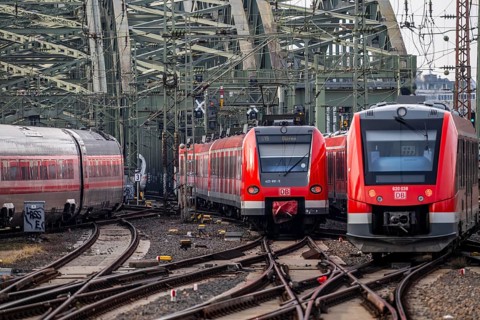 Railway in front of Cologne Central Station, Hohenzollern Bridge across the Rhine, ICE