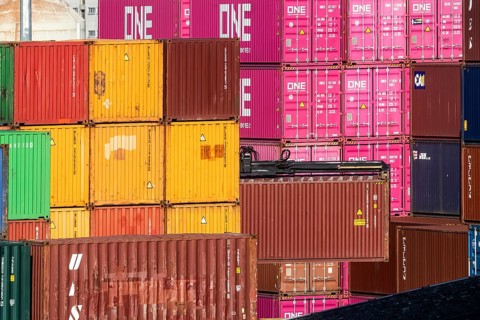 Colourful sea containers in the container port. The port of Mannheim is one of the most important