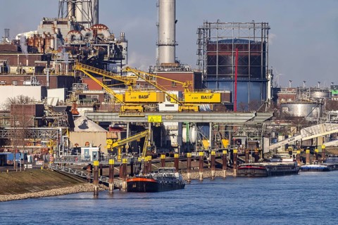 BASF factory site with chemical plants and chimneys. Baden aniline and soda factories. chemical