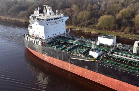 Tanker, oil tanker MIAMI LIGHT sails with a tug through the Kiel Canal, NOK, Kiel Canal, Kiel