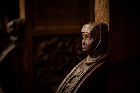Head of a woman, oak choir stalls for the monks, 1493 by Jörg Syrlin the Younger, also Sürlin or