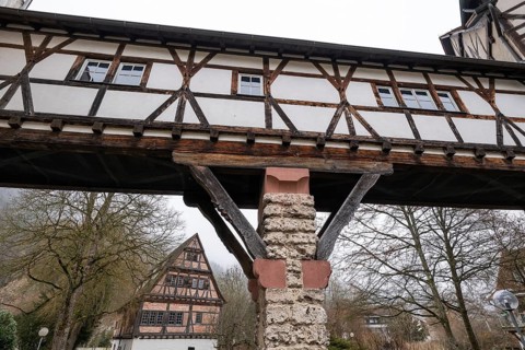 Fachwerk, Verbindungsgang, Protestant Seminary, Blaubeuren, Swabian Jura, Baden-Württemberg,
