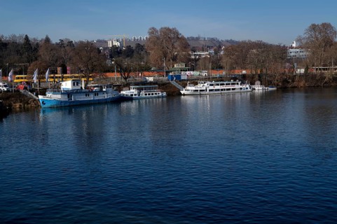 Boats, ships anchor at Wilhelma am Neckar pier, Neckar-Käptn, passenger shipping, Stuttgart,