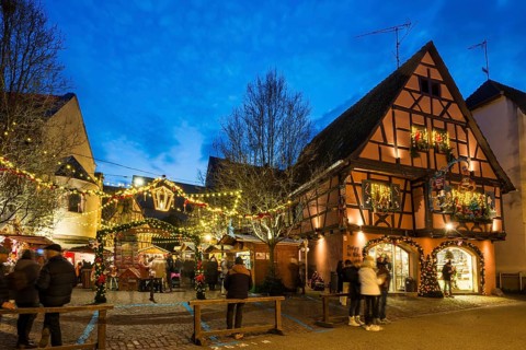 Christmas market, blue hour, Eguisheim, Haut-Rhin, Grand Est Region, Alsace, France