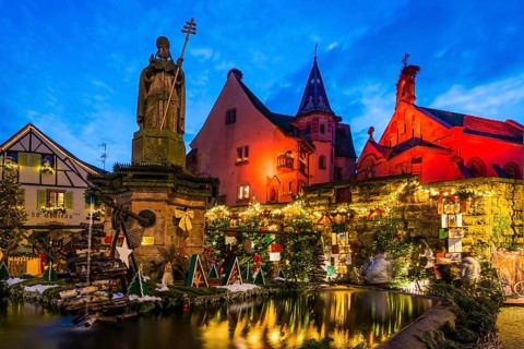 Houses illuminated and decorated for Christmas, Christmas market, blue hour, Eguisheim, Haut-Rhin