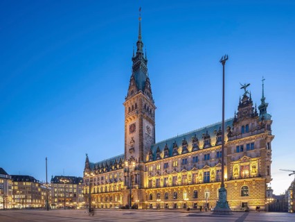 Hamburg City Hall with illuminated façade at the blue hour, Hamburg, Germany