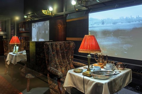 1930s interior of the Royal Belgian carriage at Train World, railway museum in Schaerbeek,