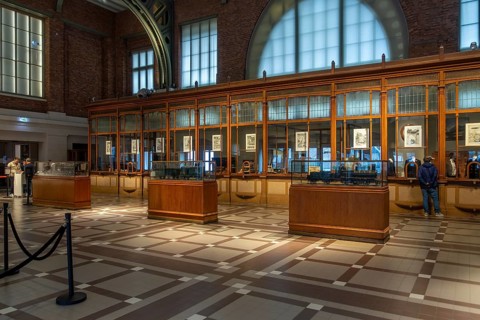 Former ticket hall with ticket counters and offices of the Schaerbeek railway station at Train