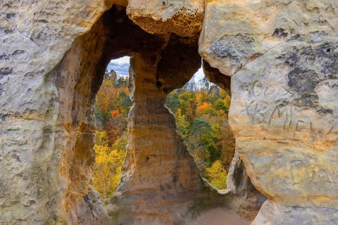 Klusfelsen, sandstone rock formation in Goslar near Halberstadt on the edge of the Harz Mountains,