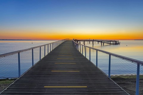 Maritim Seebrücke / maritime pier with wooden deck from azobe / bongossi hardwood at seaside resort
