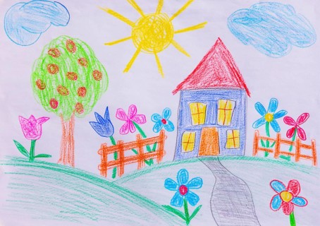 Naive illustration, children's drawing, house with garden, flowers, sunshine and cloud, Austria