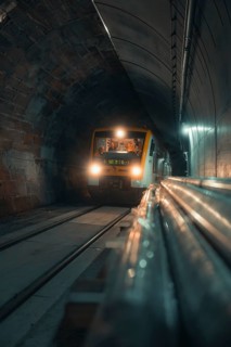 An illuminated train passes through an industrial tunnel at night, taking the Hermann Hesse